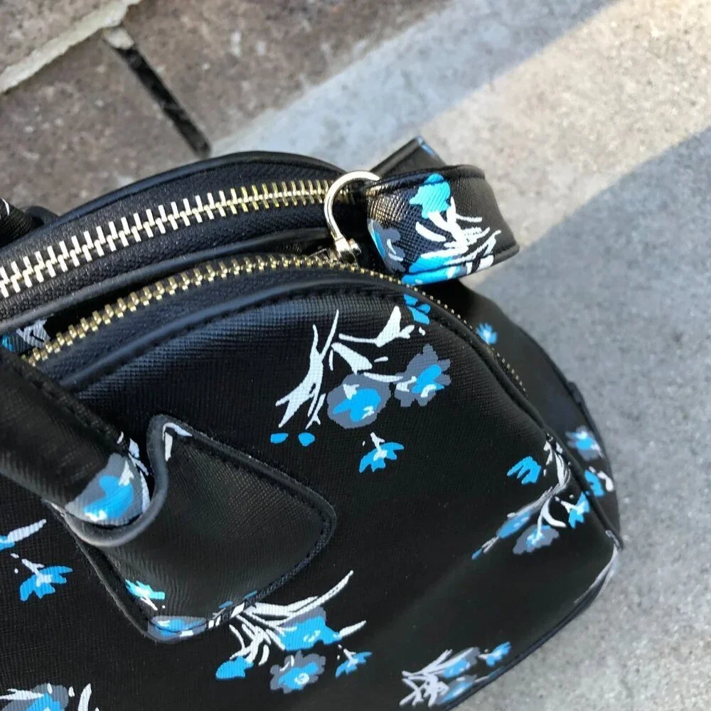 Faux Leather Purse Shoulder Top Handle Bowling Bag Black Floral 3 Compartment​​ - Picture 7 of 16